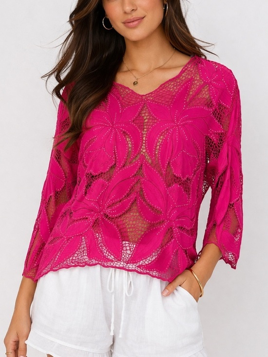 Surya Tops - Surya Pink Beaded Sheer Floral Lace Top Boho Y2K Blouse Size L